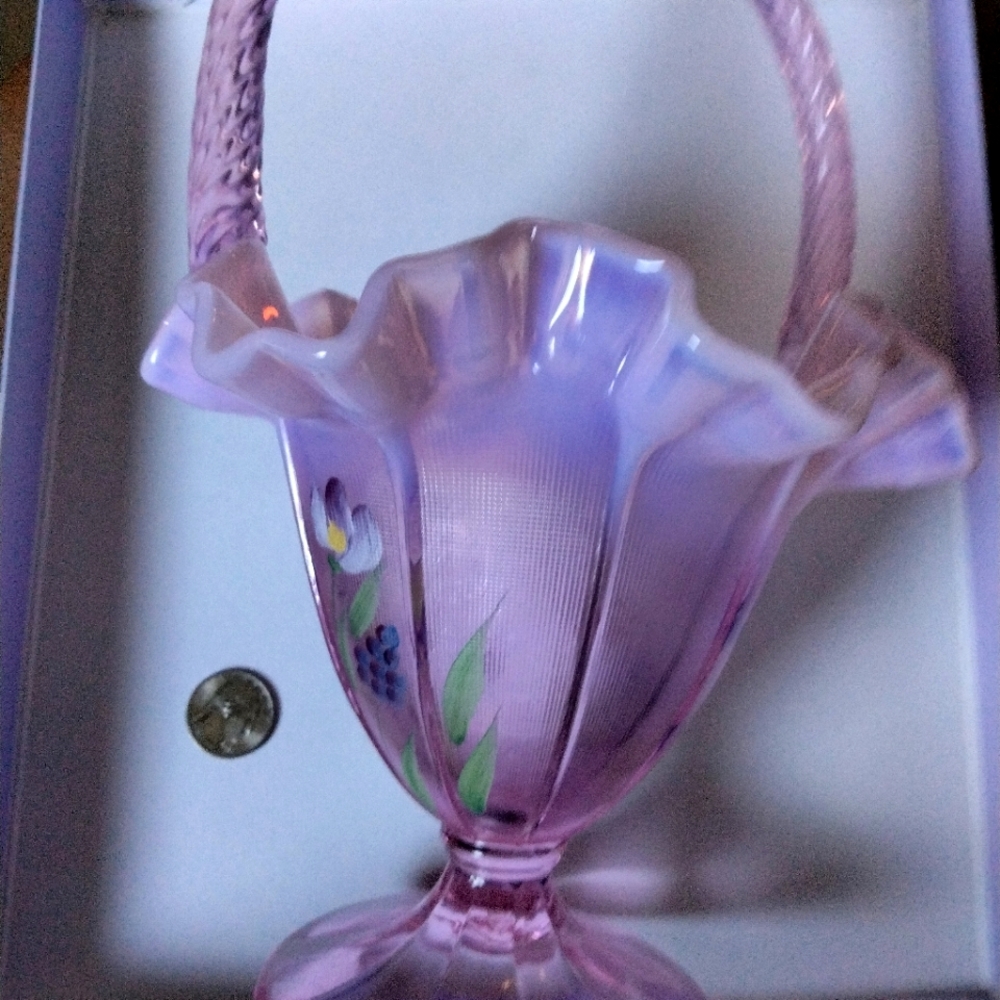 Hand painted, "signed" Fenton pink Rosaline glass basket